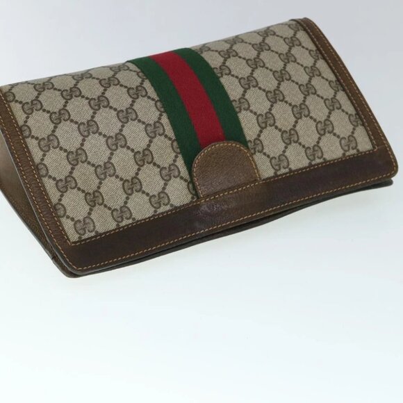 GUCCI GG Canvas Web Sherry Line Clutch Bag PVC Leather Beige Green Auth 54839 - Picture 14 of 16